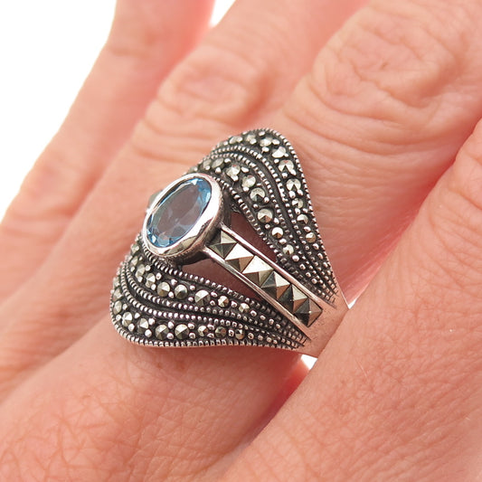 925 Sterling Silver Vintage Real Blue Topaz & Marcasite Oxidized Ring Size 9.25