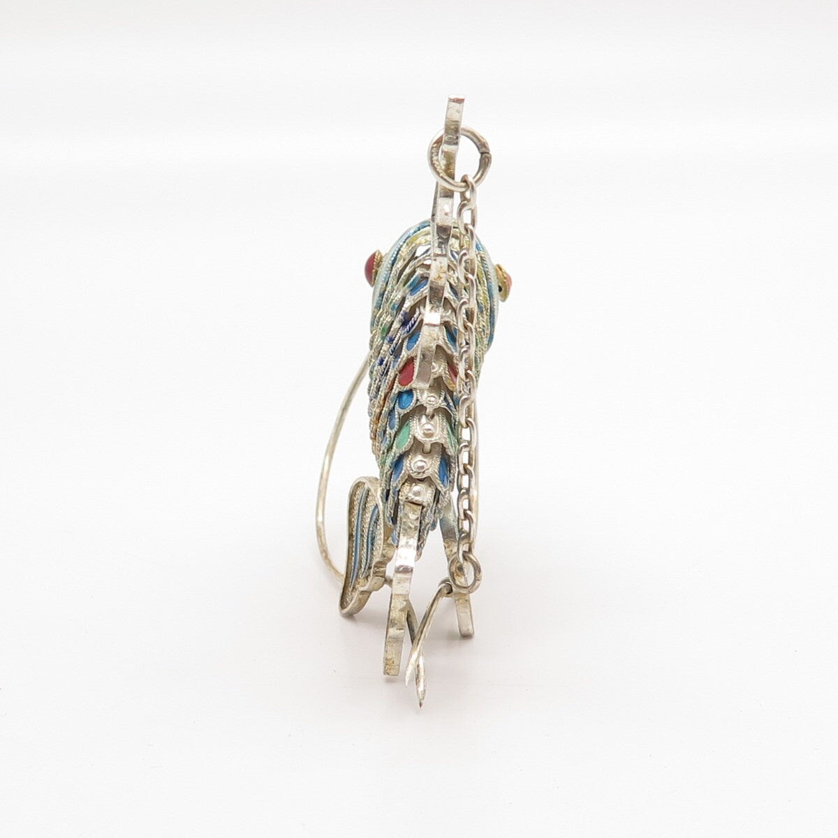 925 Sterling Silver Antique Enamel Articulated Chinese Koi Fish Chatelaine Fob