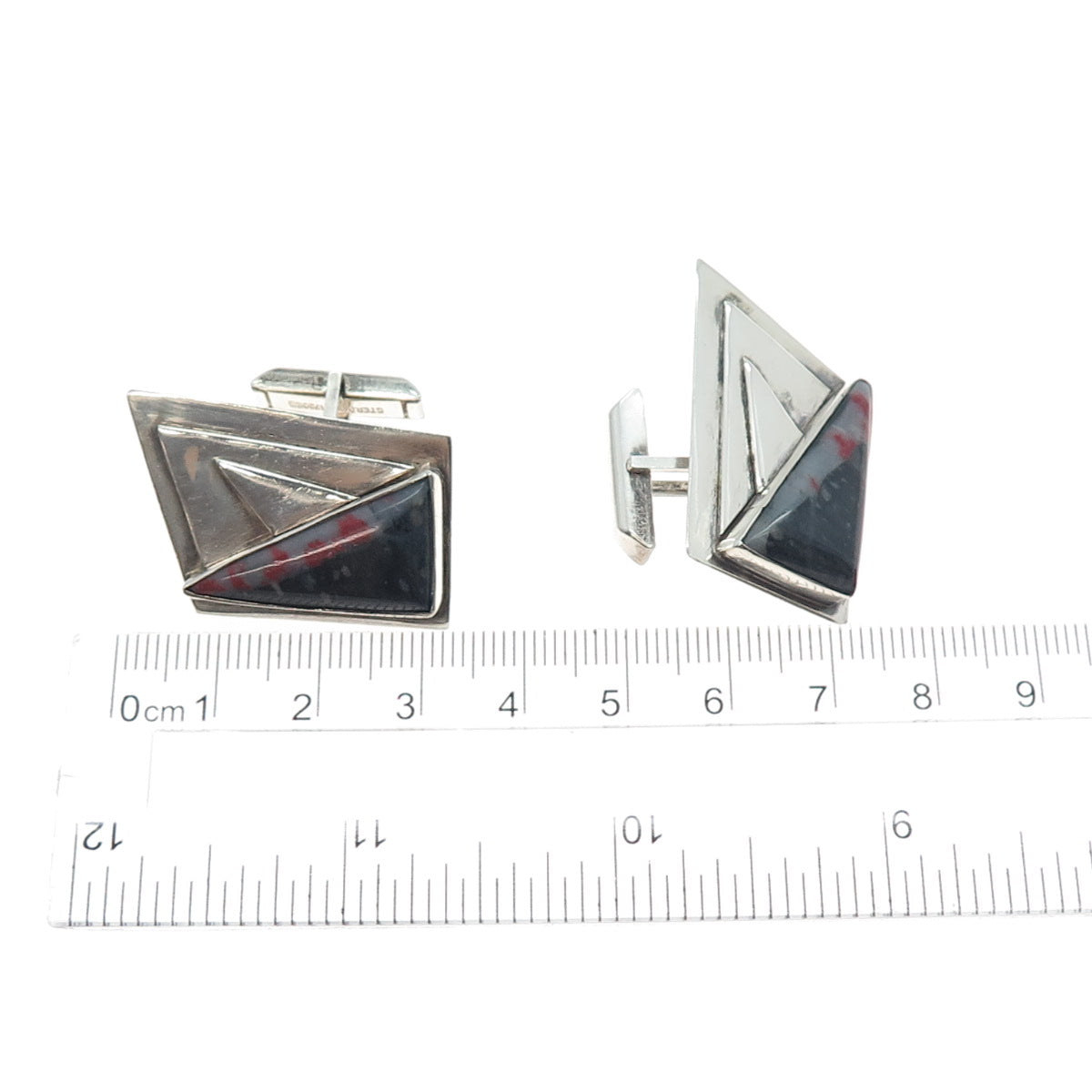925 Sterling Silver Vintage Real Bloodstone Modernist Oxidized Cufflinks