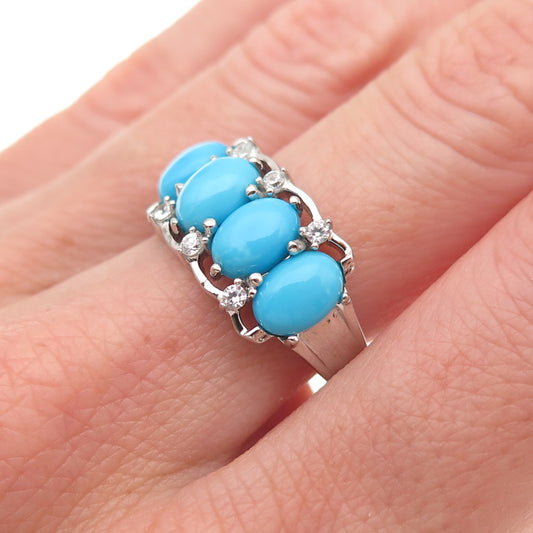 925 Sterling Silver Real Sleeping Beauty Turquoise & White Topaz Ring Size 8