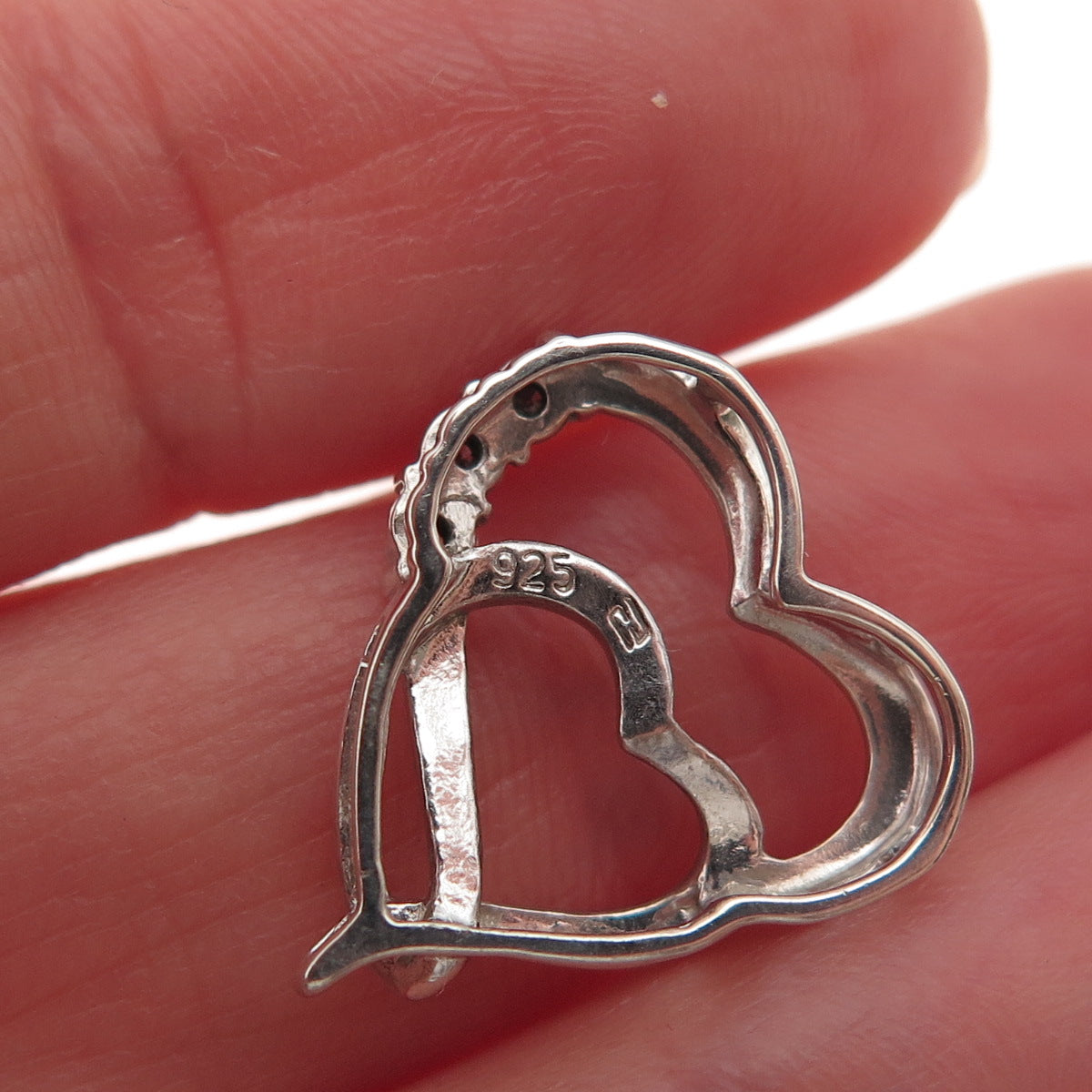 925 Sterling Silver Real Diamond Double Heart Mini Slide Charm Pendant