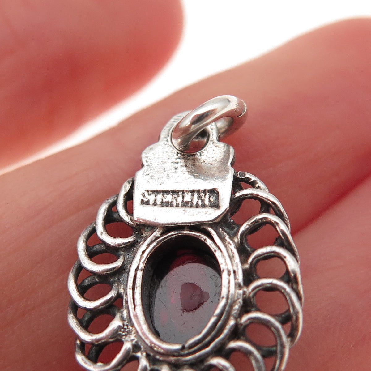 925 Sterling Silver Vintage Real Rhodolite Floral Oxidized Charm Pendant