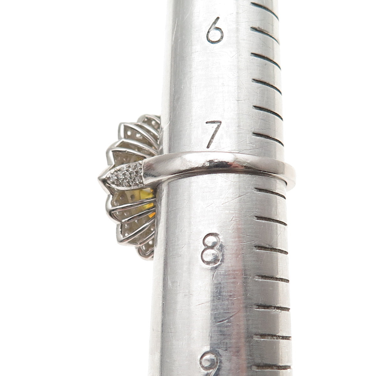 925 Sterling Silver Canary & White C Z Flower Ring Size 7.25