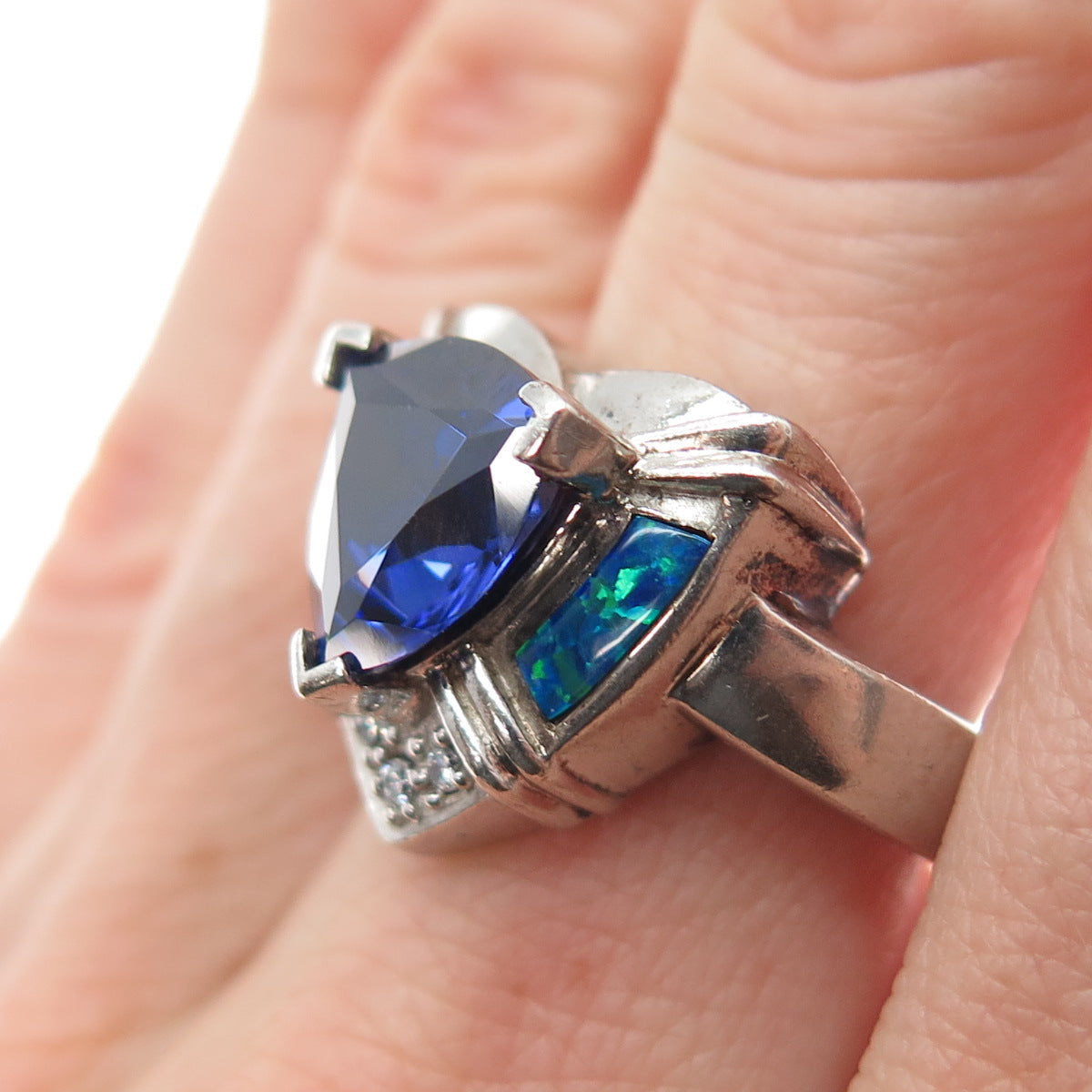 925 Sterling Silver Real Opal Blue & White C Z Heart Ring Size 7.25