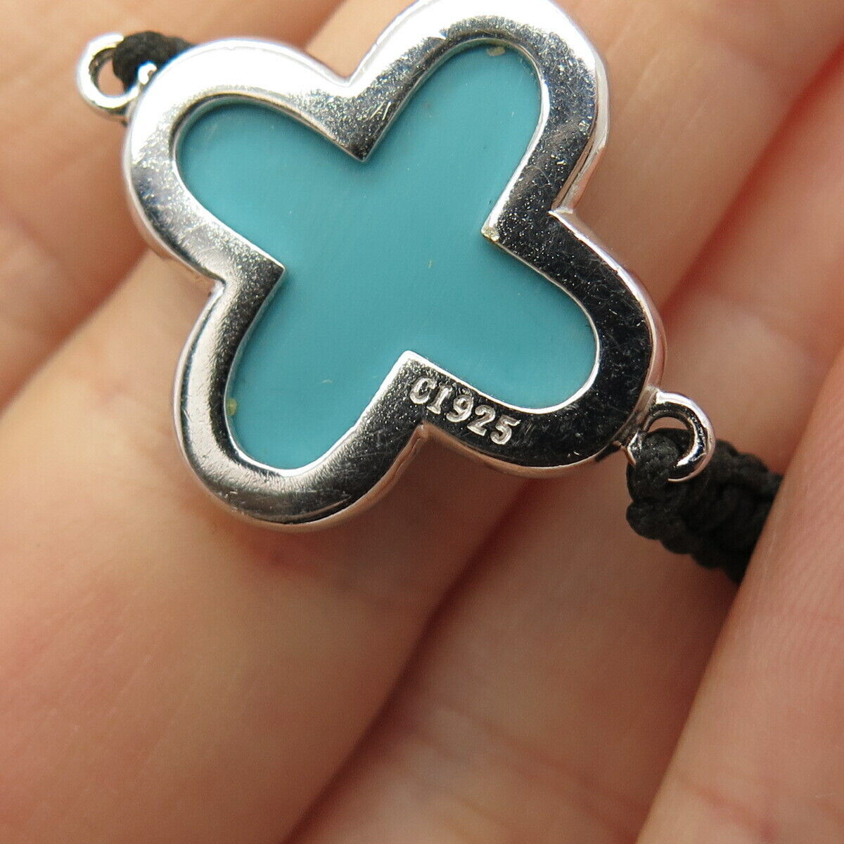 925 Sterling Silver Faux Turquoise Adjustable Cord Bracelet 6 3/4"