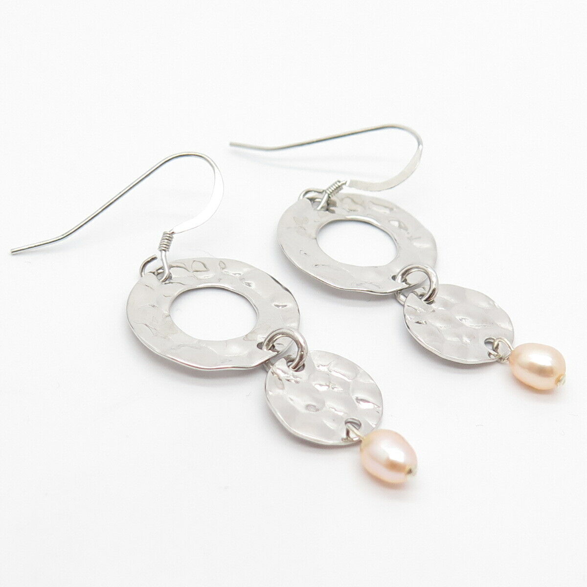 925 Sterling Silver Real Pearl Hammered Finish Dangling Earrings
