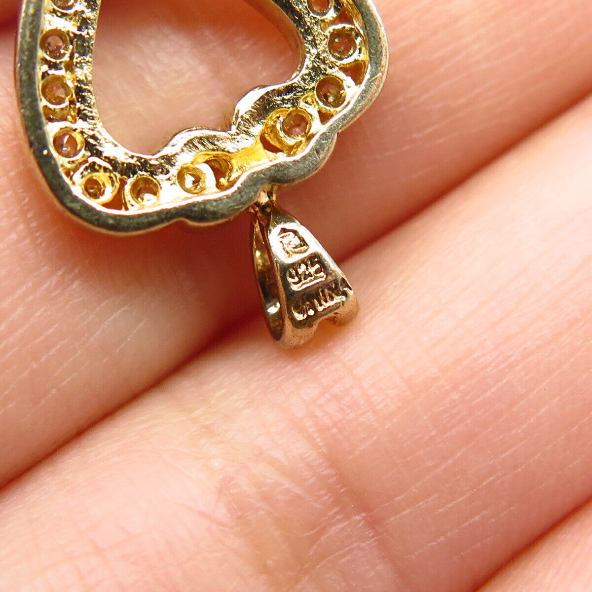 925 Sterling Silver Gold Plate C Z Open Heart Pendant