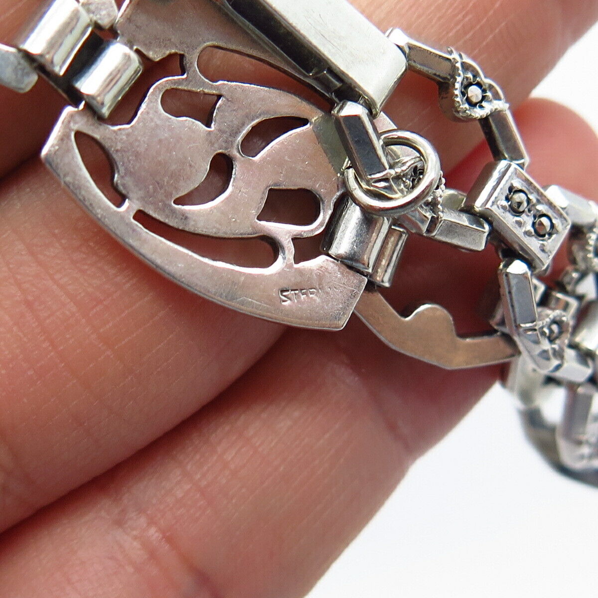 925 Sterling Silver Antique Real Marcasite Gemstone Panel Link Bracelet 7"