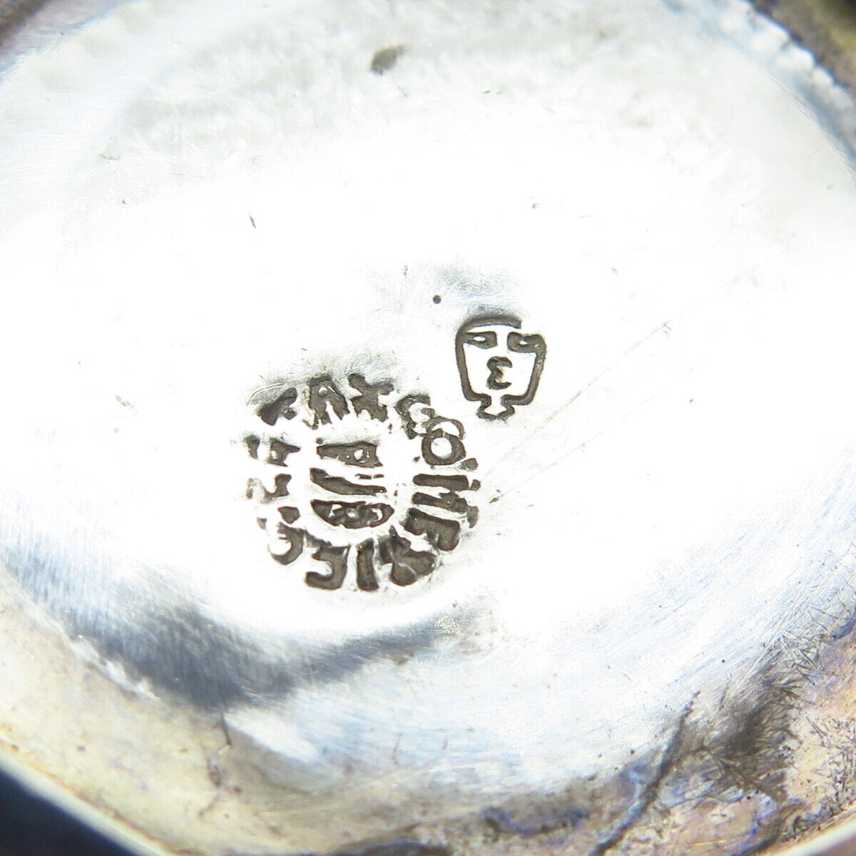 925 Sterling Silver Vintage Mexico Real Obsidian Gem Carved Tribal Face Pendant