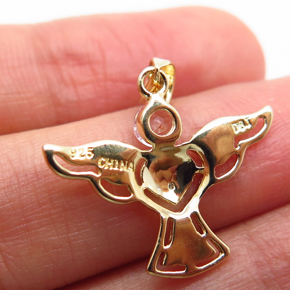 925 Sterling Silver Gold Plated Real Diamond Lab-Created Sapphire Angel Pendant