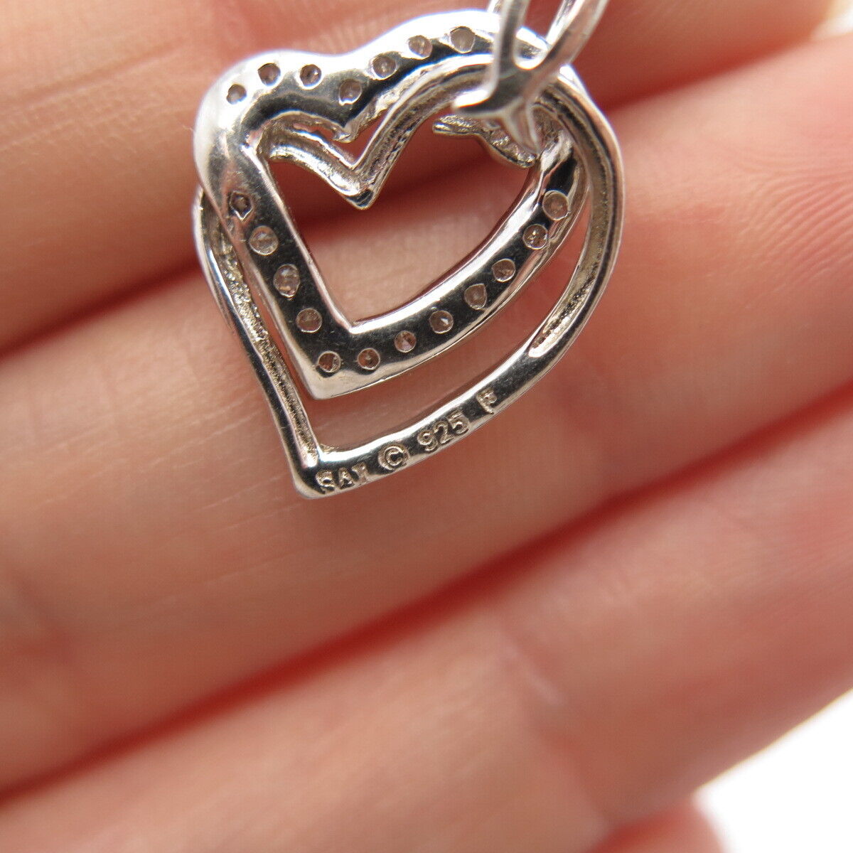 925 Sterling Silver Italy BSI Real Diamond Double Heart Rolo Chain Necklace 18"