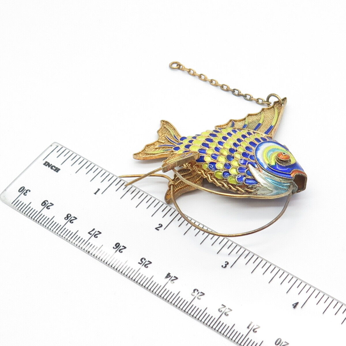 925 Sterling Silver Gold Plated Antique Enamel Chinese Koi Fish Articulated Fob