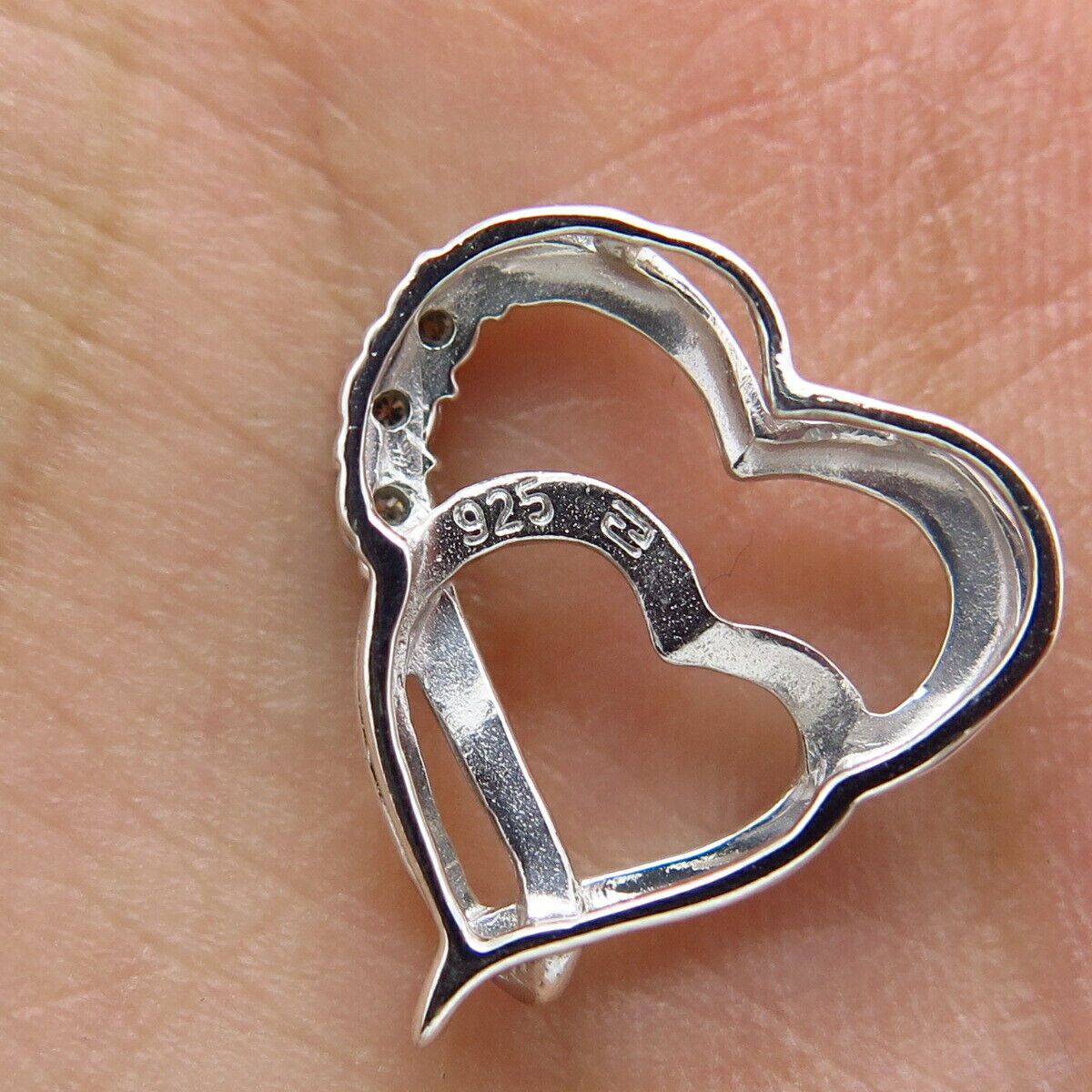 925 Sterling Silver Real Diamond Double Heart Slide Pendant
