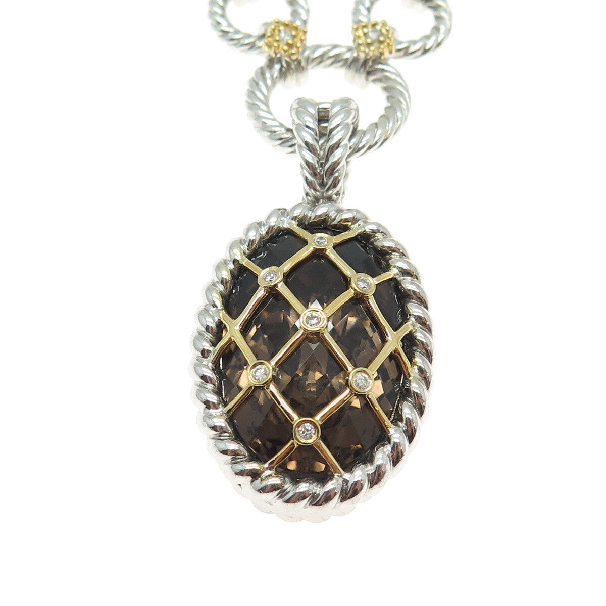 DANWAK 18K Gold Sterling 7-Diamond 0.07ct & Smoky Quartz 17.27ct Necklace 16"