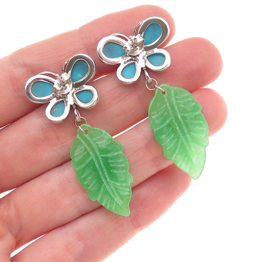 925 Sterling Silver Real Turquoise & Jade Butterfly Floral Dangle Earrings