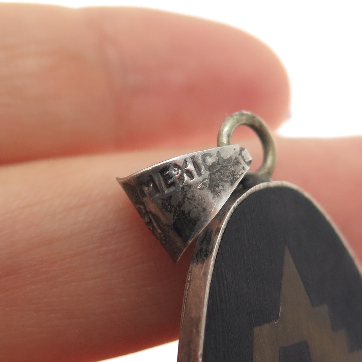 925 Sterling 2-Tone Vintage Metales Mexico Real Turquoise Inlay & Wood Pendant