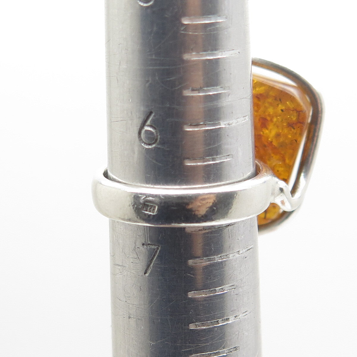 925 Sterling Silver Vintage European Real Amber Modernist Ring Size 6.75