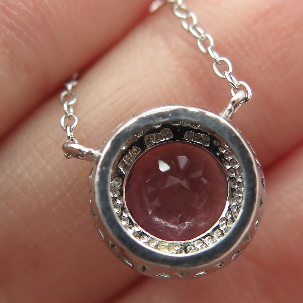 925 Sterling Silver Real Round-Cut Diamond & Amethyst Cable Chain Necklace 18"