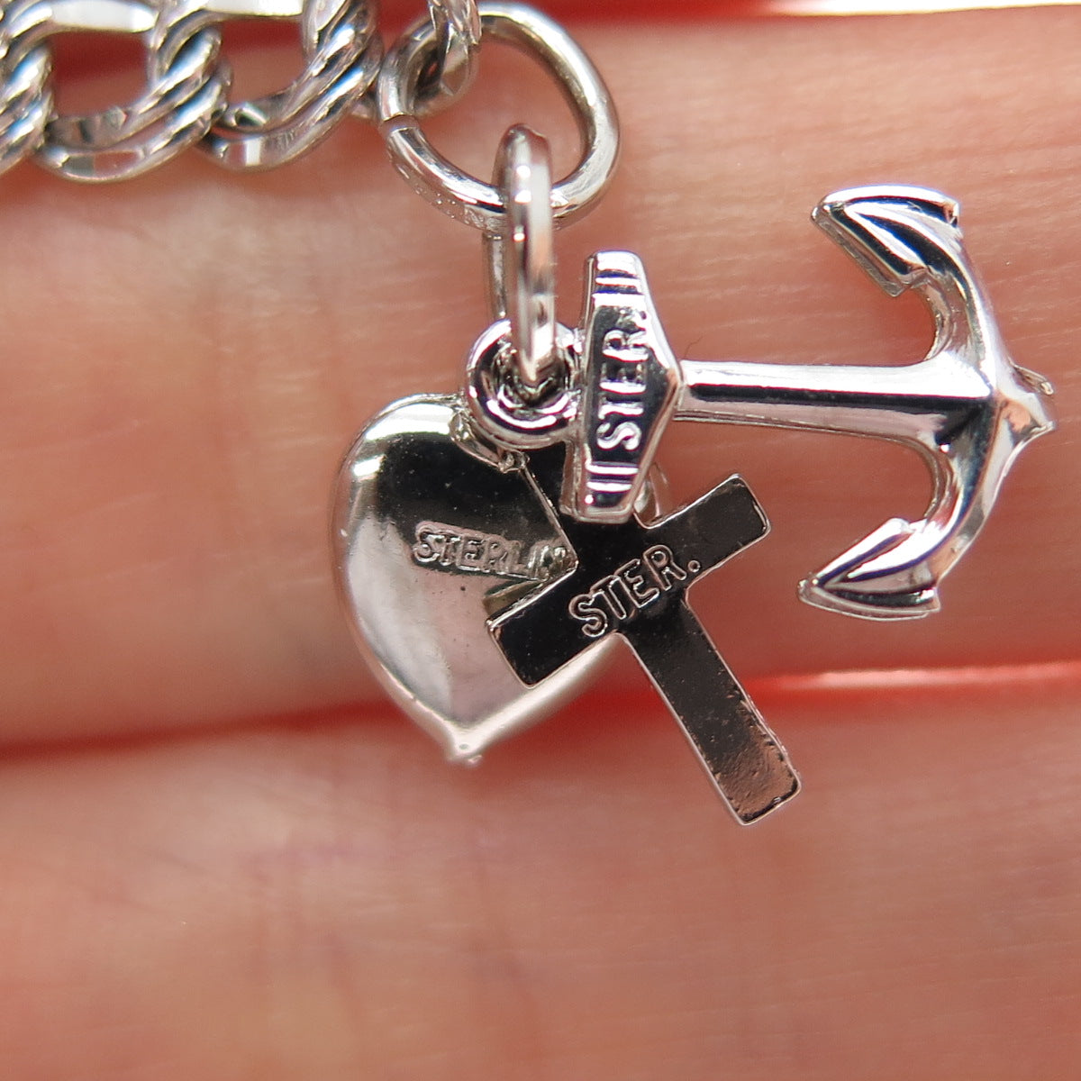 ELCO Sterling Silver Vintage Heart Anchor Cross Double Curb Link Bracelet 6.75"