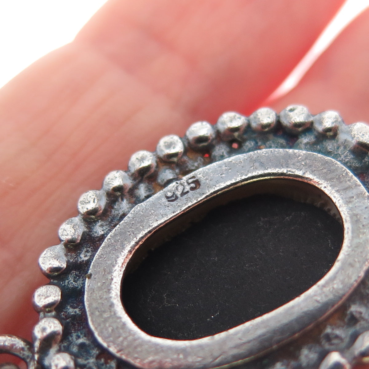 925 Sterling Silver Vintage Real Black Onyx Beaded Oxidized Charm Pendant