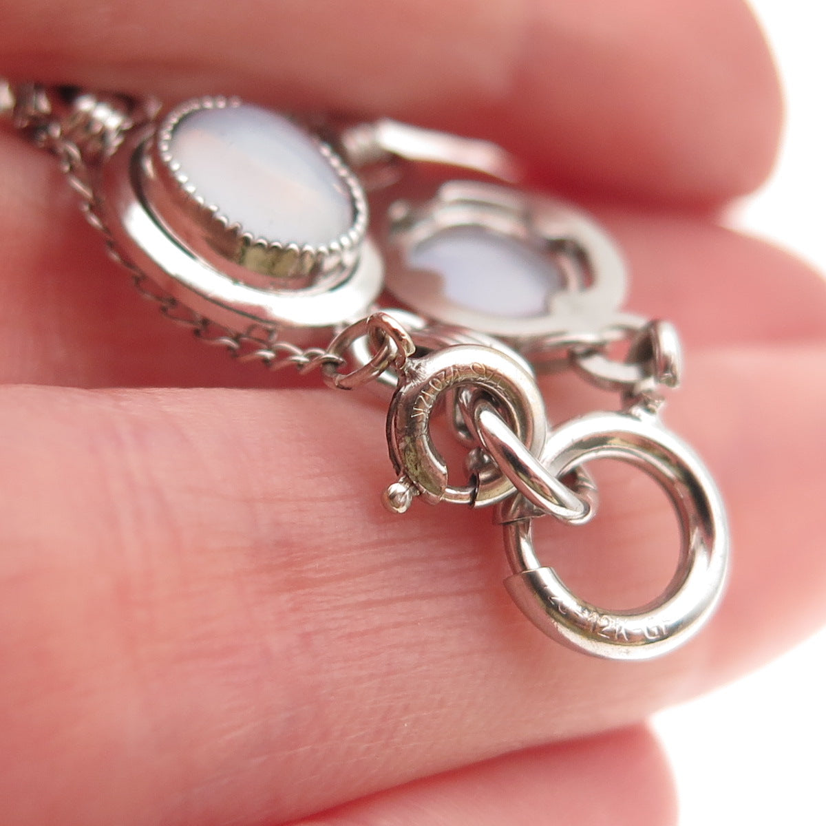 1/20 12K White Gold Filled Vintage Real Cabochon Opalite Bracelet 7.25"