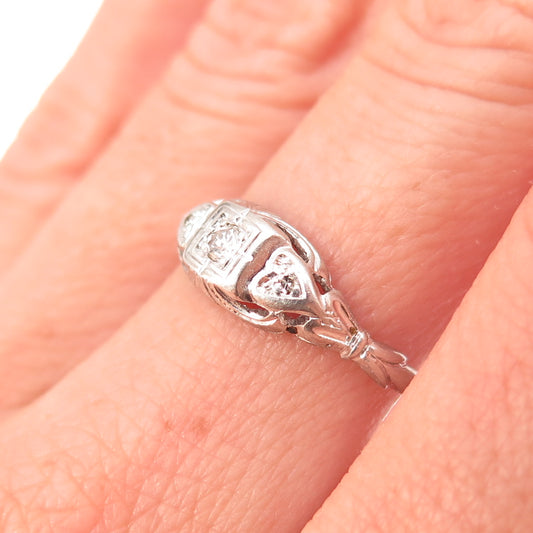 Platinum Antique Art Deco Real Round-Cut Diamond Heart Ring Size 7.5