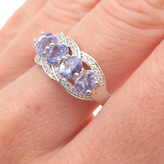 925 Sterling Silver Real Oval-Cut Tanzanite & Round-Cut White Topaz Ring Size 8