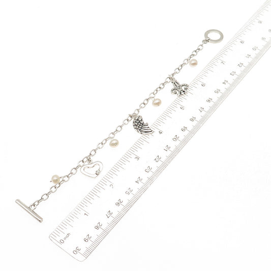 Barse 925 Sterling Silver Vintage Real Pearl & C Z Multi-Charm Bracelet 7.25"