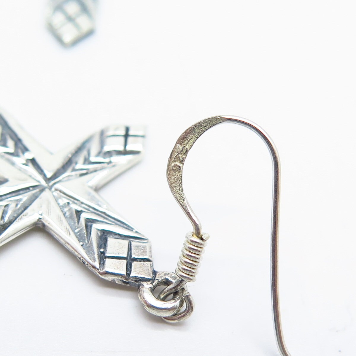 925 Sterling Silver Vintage Carved Cross Dangling Earrings