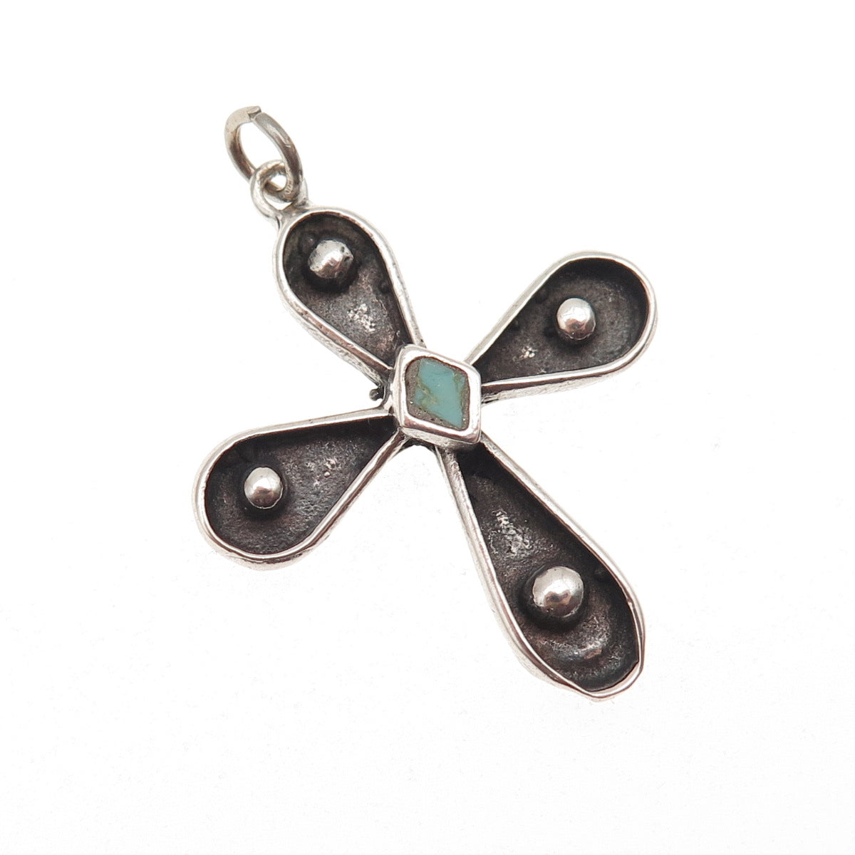 Old Pawn 925 Sterling Silver Vintage Turquoise Cross Oxidized Charm Pendant
