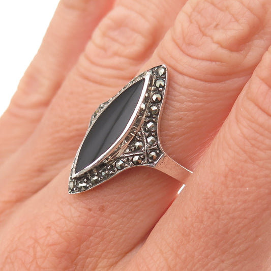 925 Sterling Silver Vintage Real Black Onyx & Marcasite Oxidized Ring Size 6.75