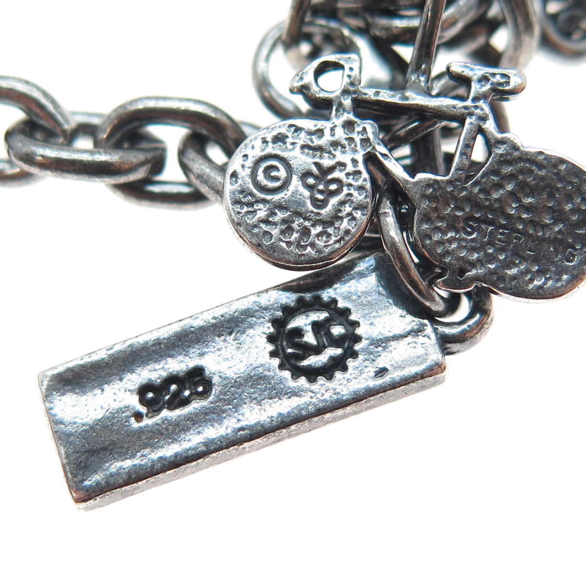 SUNDANCER 925 Sterling Silver Vintage Multi-Charms Oxidized Bracelet 6.75"