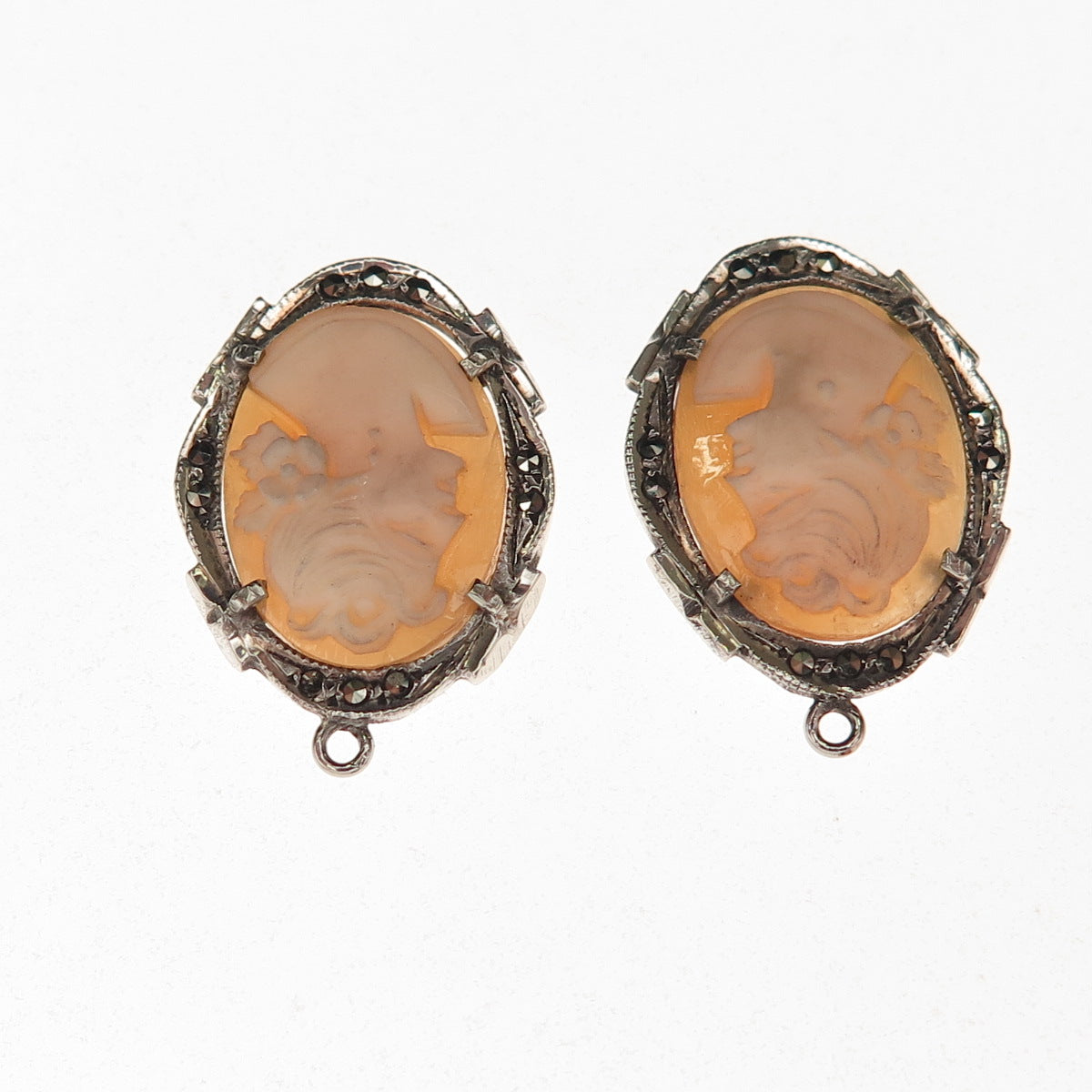 925 Sterling Silver Antique Art Deco MOP & Marcasite Lady Cameo Jacket Earrings