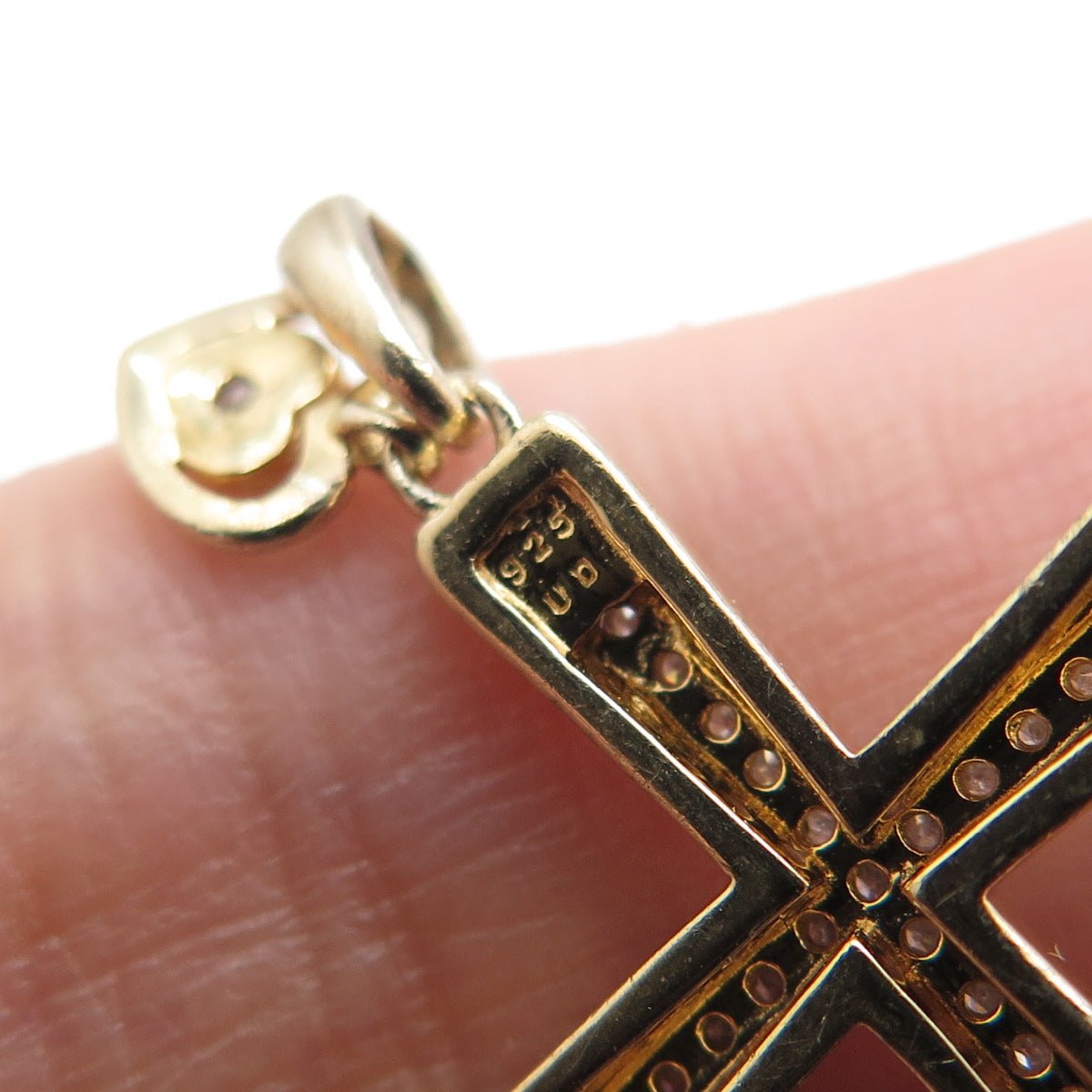 925 Sterling Silver Gold Plated Real Diamond Cross & Heart Charm Pendant