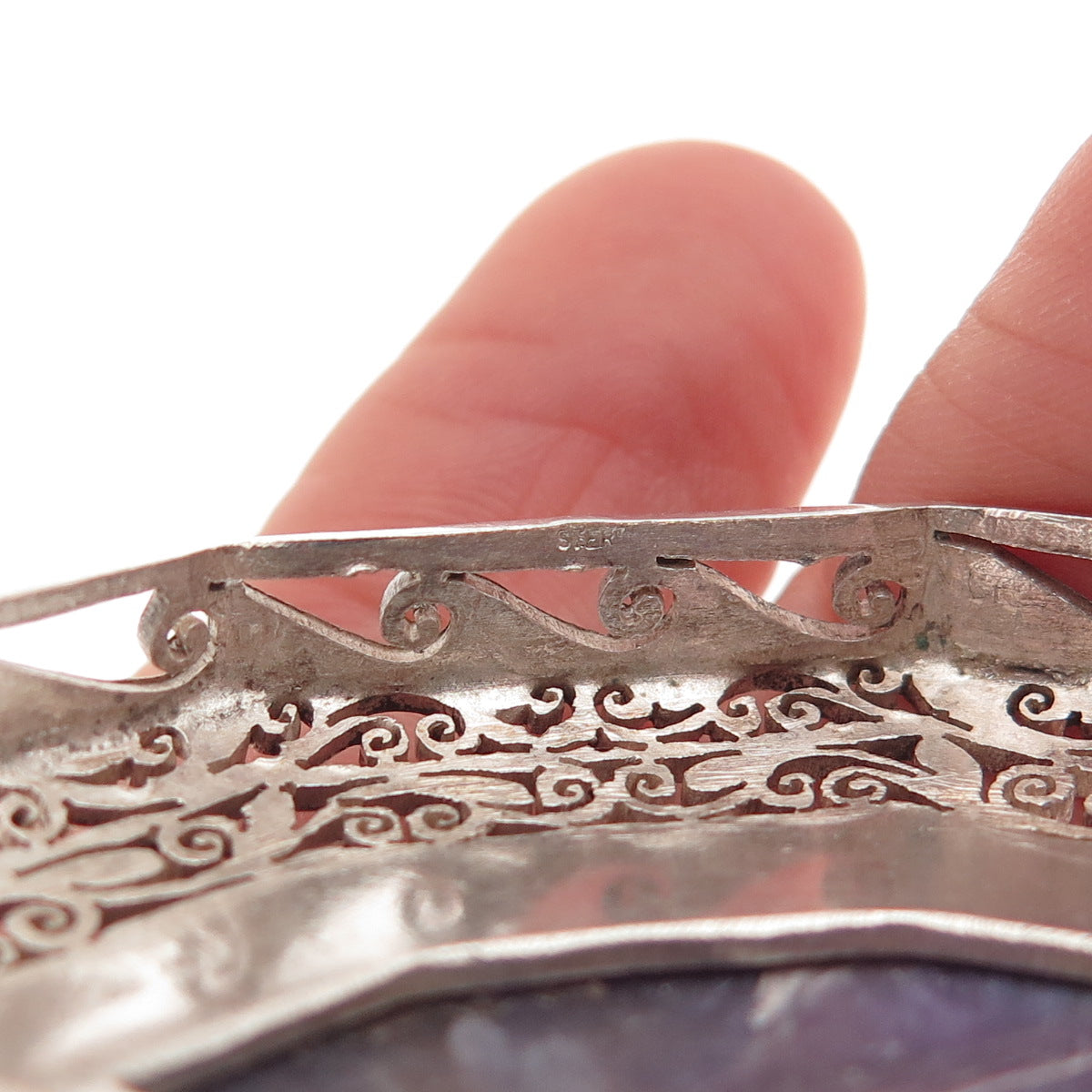 925 Sterling Silver Vintage Real Amethyst Modernist Large 46.7g Pendant