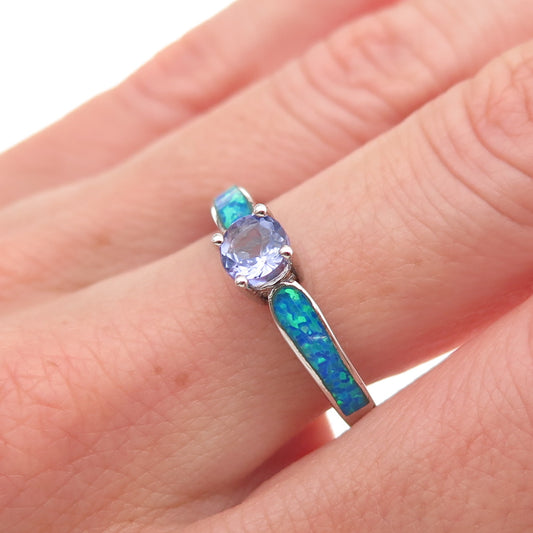 925 Sterling Silver Real Round-Cut Tanzanite & Opal Ring Size 8.25