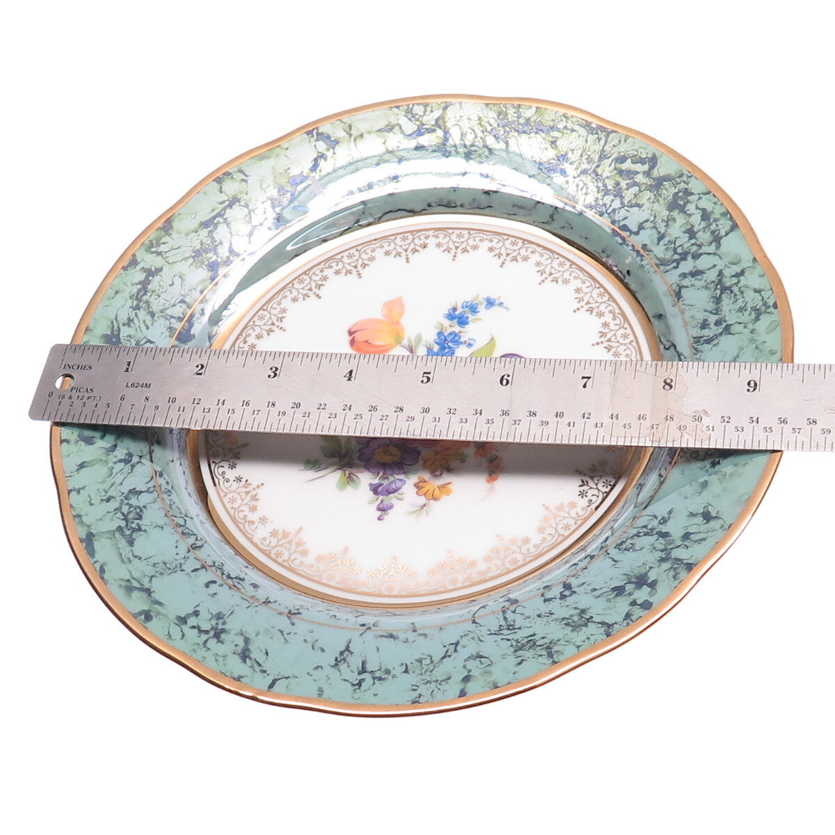 AICH DEKOR Vintage Czechoslovakia Flower Spray & Green Blue Marble Luster Plate