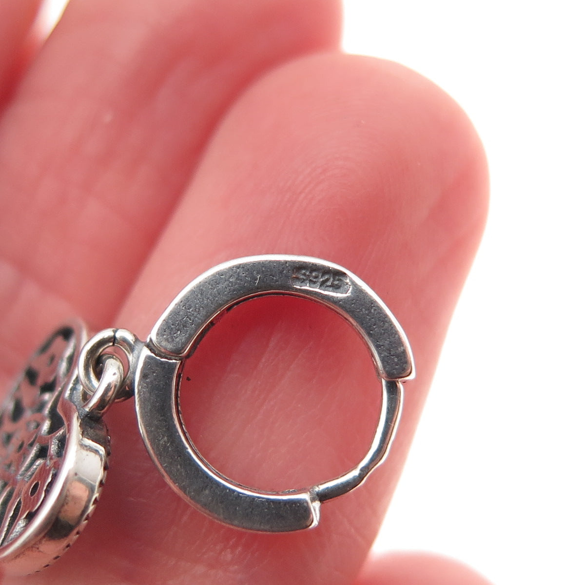 925 Sterling Silver Round-Cut C Z Oxidized Heart Dangle Charm Hoop Earrings