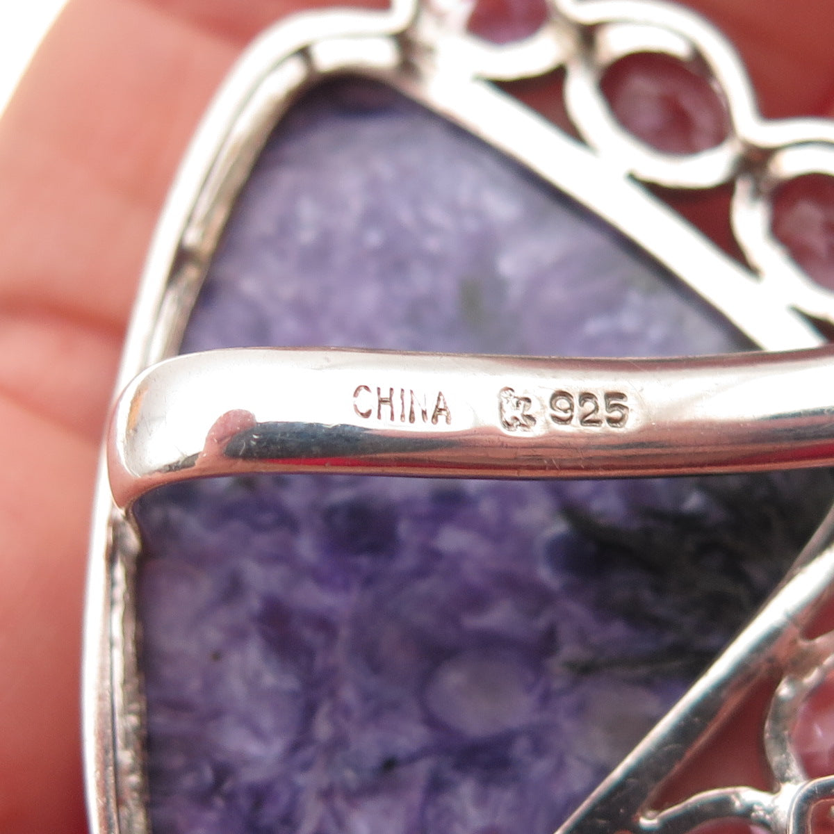 925 Sterling Silver Vintage Real Charoite & Amethyst Large 24.1g Slide Pendant