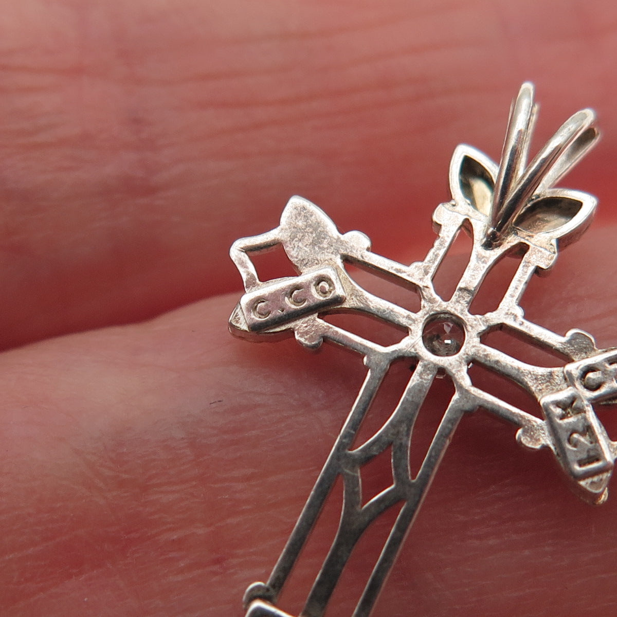 COLEMAN Sterling Silver 12K Rose & Yellow Gold Vintage C Z Floral Cross Pendant