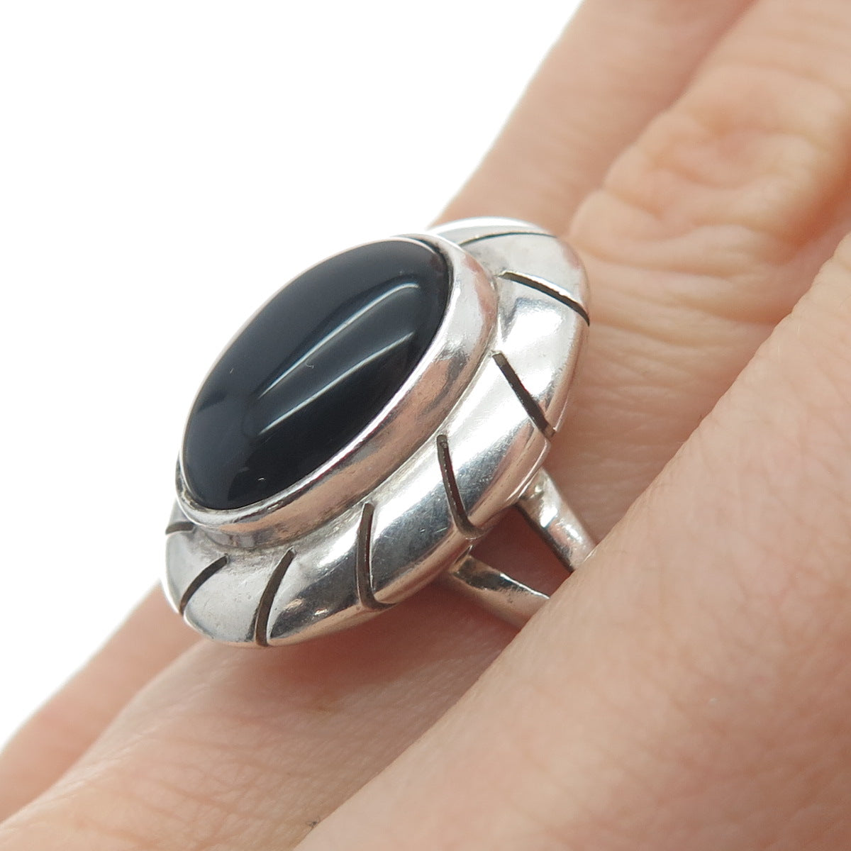 925 Sterling Silver Vintage CII Mexico Real Black Onyx Modernist Ring Size 6.25