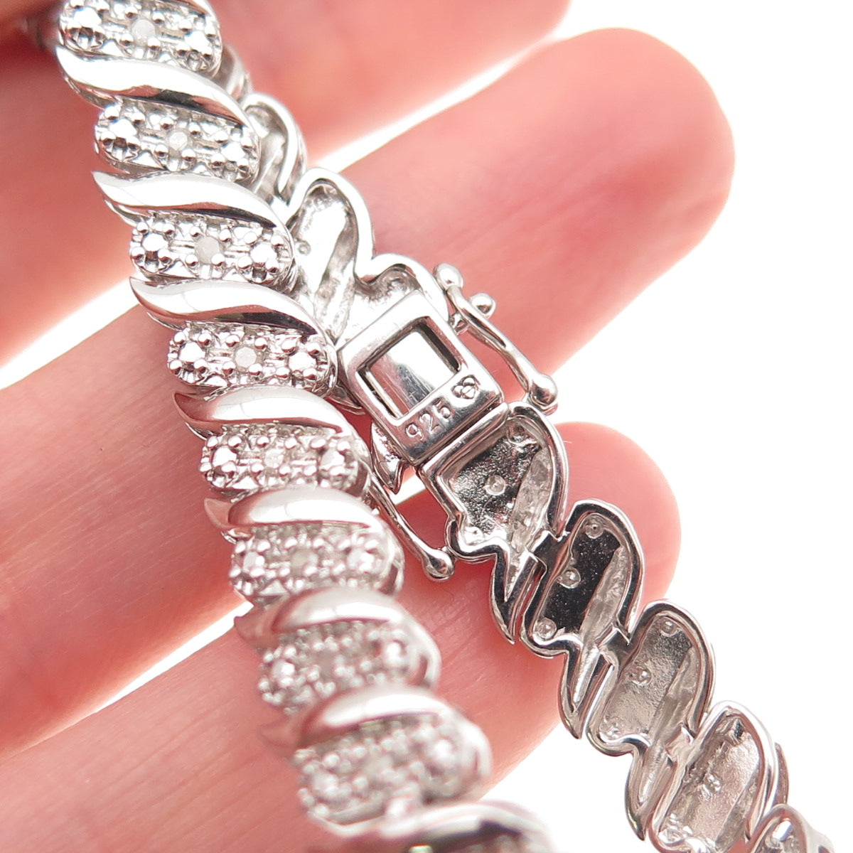 925 Sterling Silver Real Round-Cut Diamond Ribbed Link Bracelet 7.25"