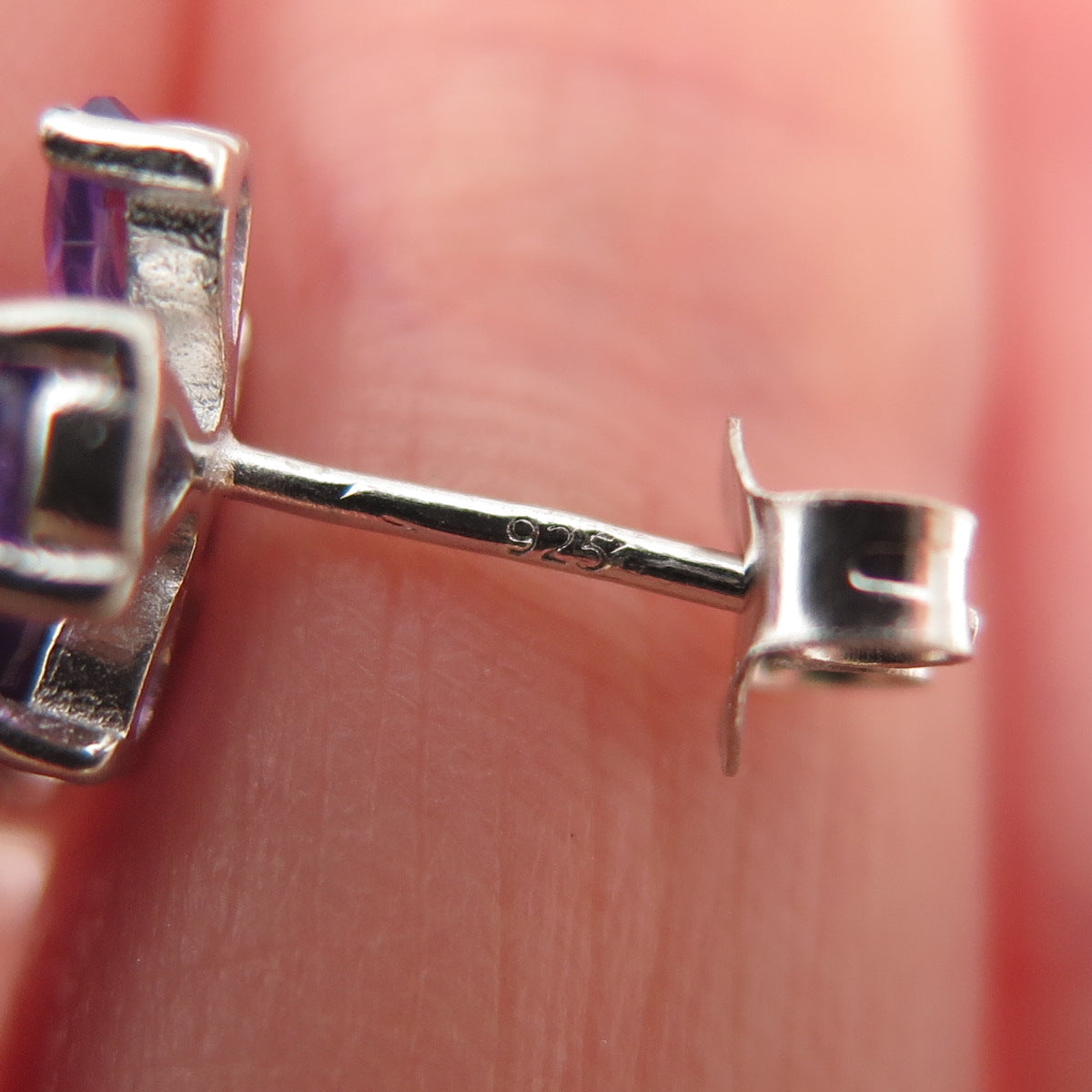 925 Sterling Silver Vintage Real Amethyst & C Z Dangle Earrings