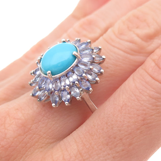 D'Joy 925 Sterling Silver Real Sleeping Beauty Turquoise & Tanzanite Ring Size 8