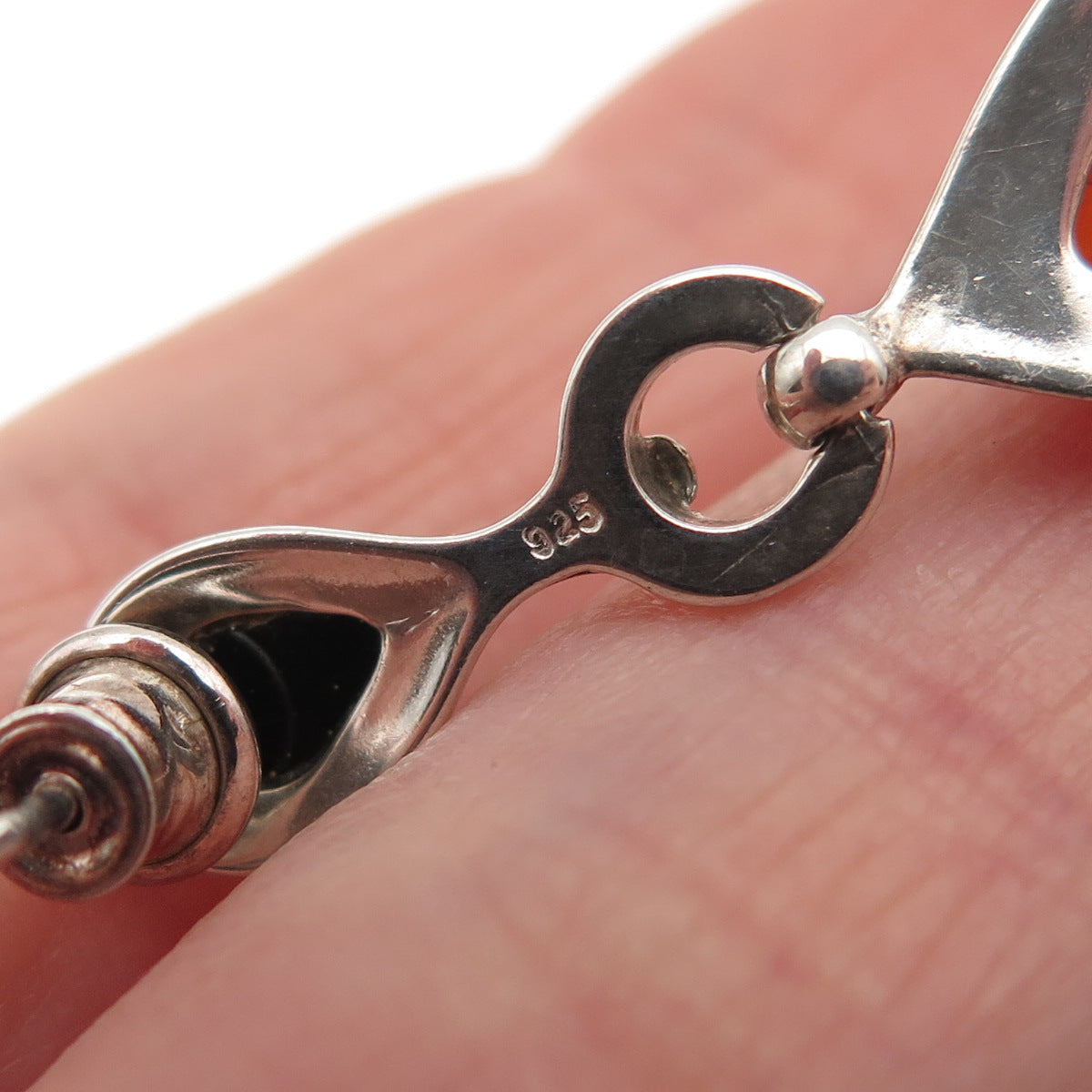 925 Sterling Silver Vintage Real Amber Modernist Teardrop Dangle Earrings