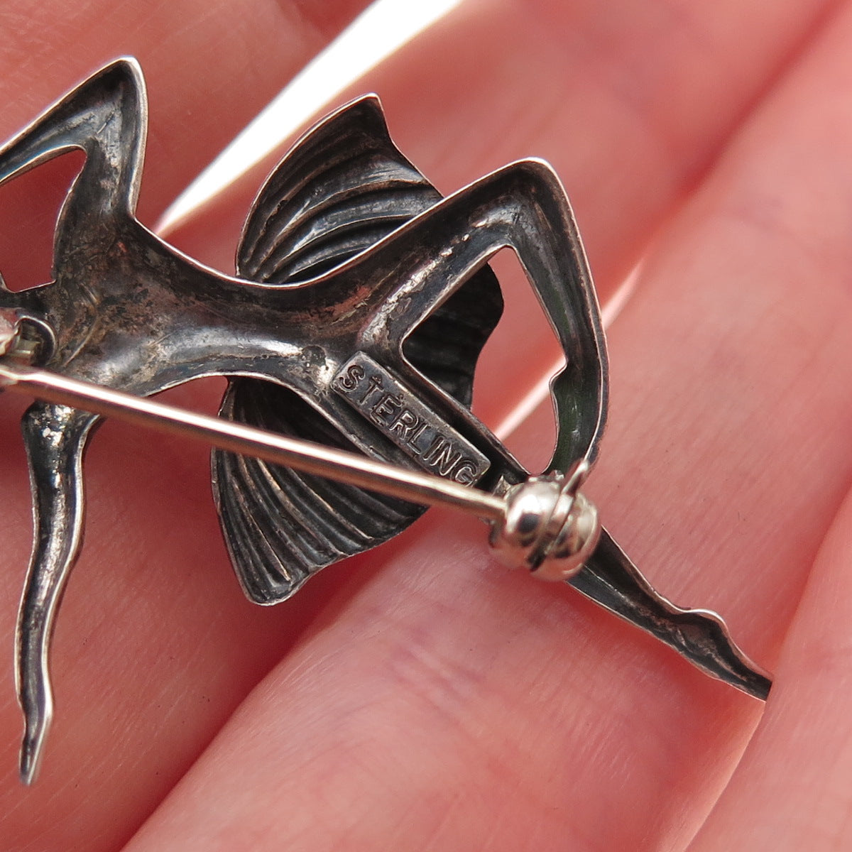 925 Sterling Silver Vintage Ballerina Repousse Oxidized Pin Brooch