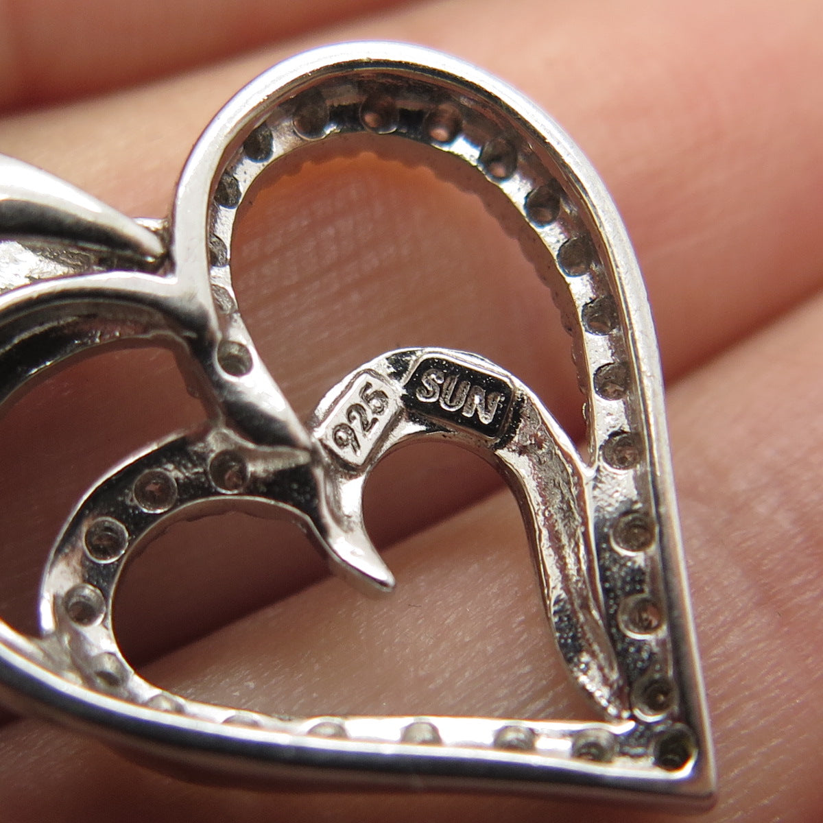 SUN 925 Sterling Silver Real Round-Cut White Diamond Heart Pendant