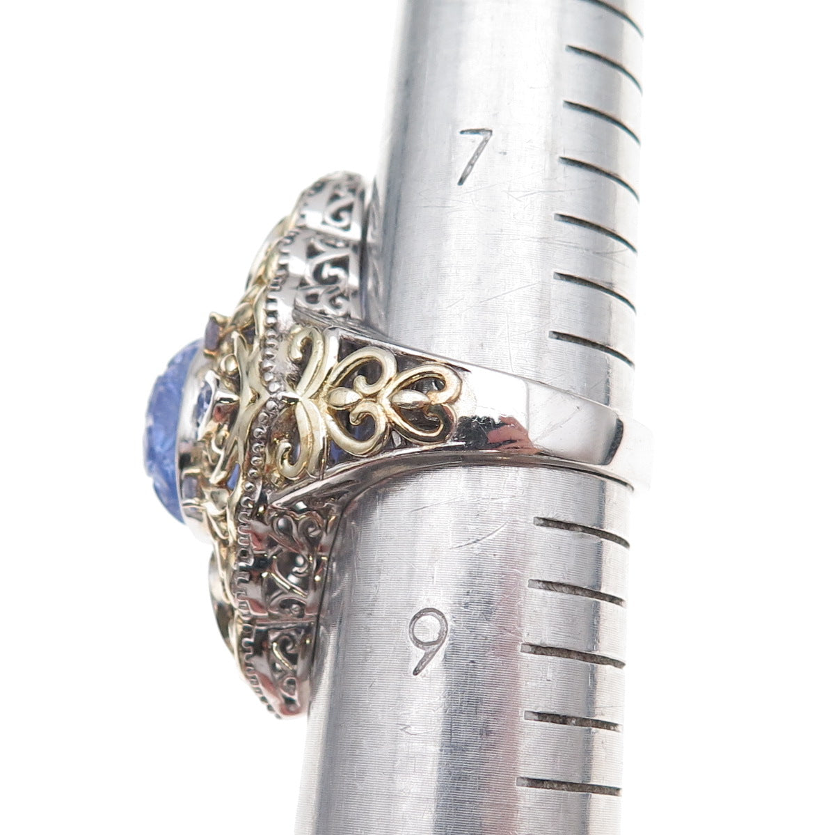 925 Sterling Silver 2-Tone Real Tanzanite Carved Floral Ring Size 8.25