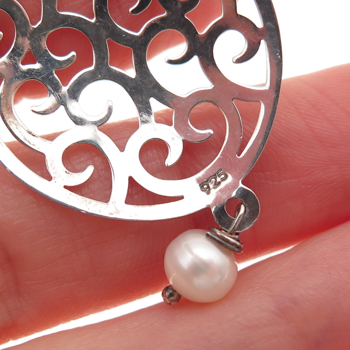 925 Sterling Silver Real Pearl Scroll Dangle Earrings