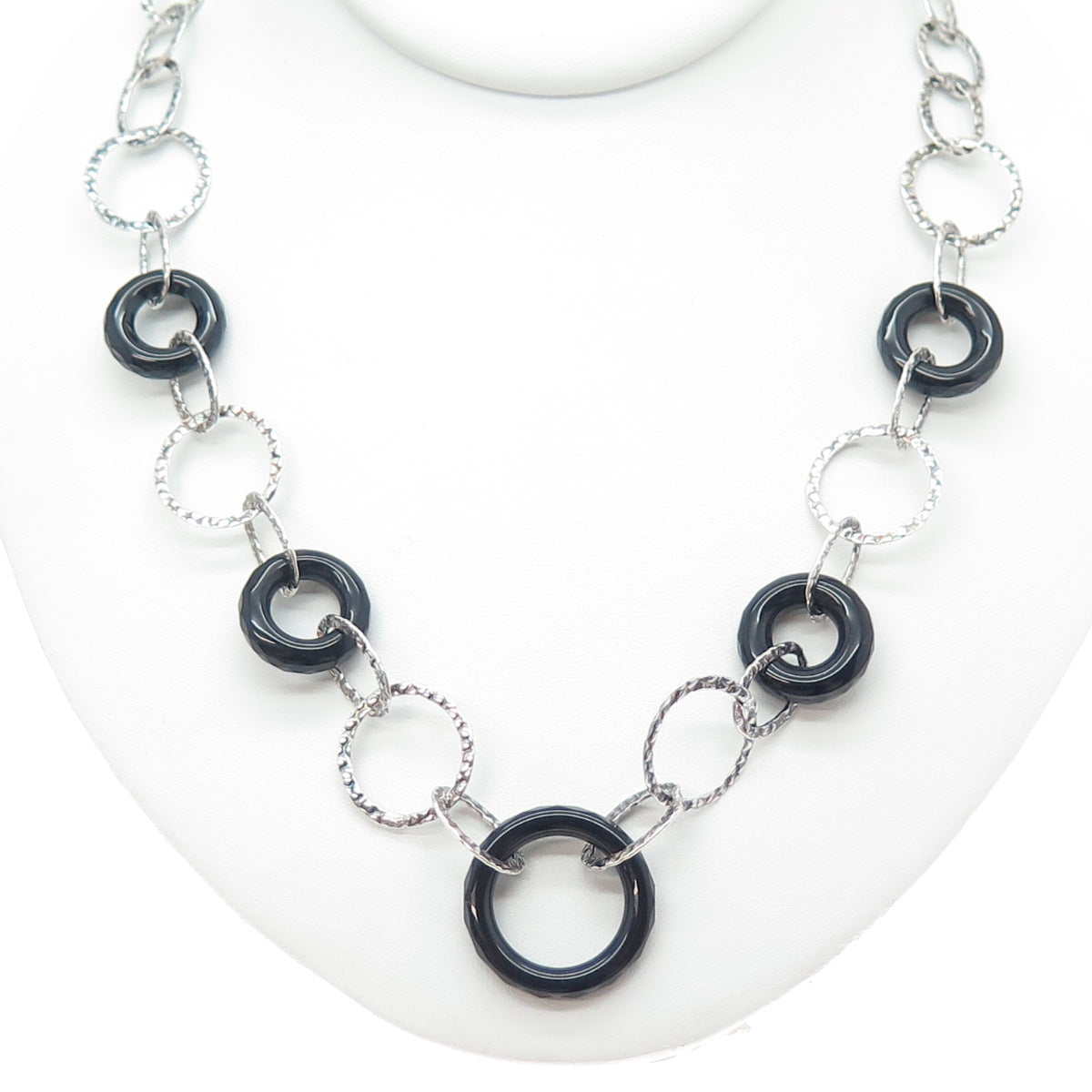 925 Sterling Silver Vintage Real Black Onyx Multi-Circle Chain Necklace 18"